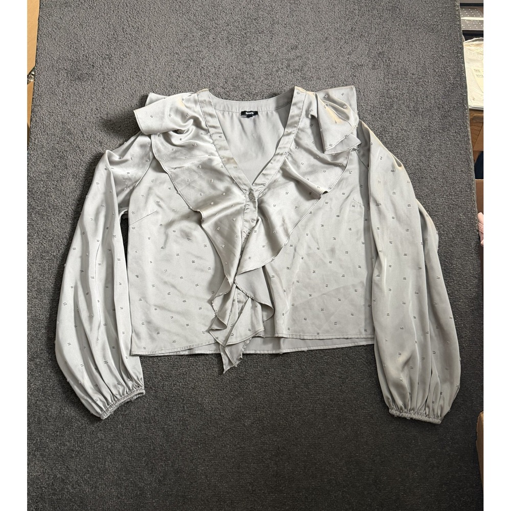 Express Silver Grey Satin Ruffle V-Neck Balloon Sleeve Clip Dot Blouse Medium